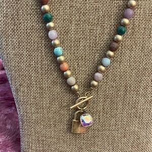Pink Panache Gold and Multicolor Beaded Necklace with Lock Charm